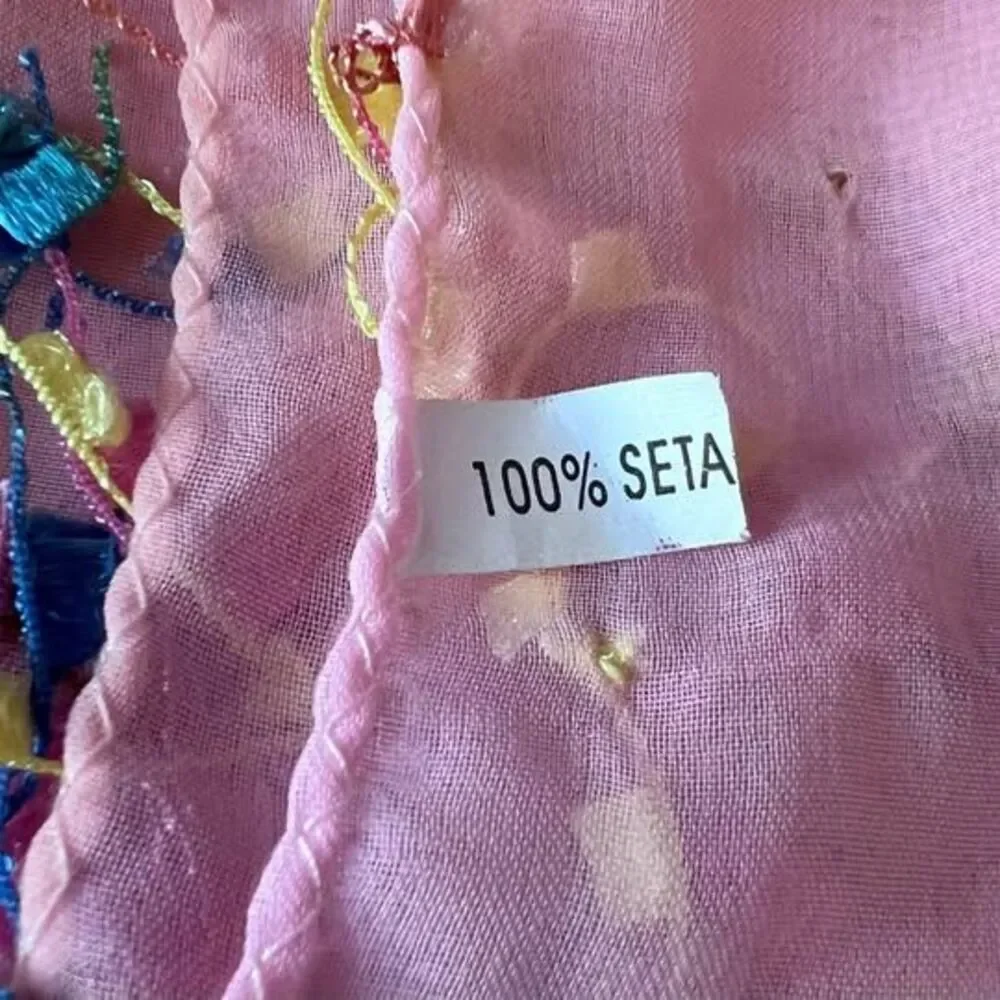 100% SILK Scarf, Baby Pink with Colorful Tassels